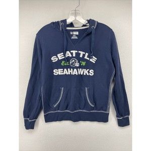 Seattle Seahawks Womens Top Blue Medium M NFL Logo Hooded V-Neck Kangaroo Pocket